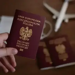 Paszport jest niezbędny, by podróżować do Anglii. Na zdjęciu polski paszport, maseczka i samolot.