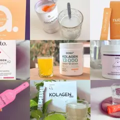 Różne produkty z kolagenem, w tym proszki i napoje, sugerujące najlepszy kolagen na stawy i skórę.
