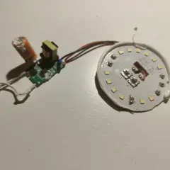 Rozłożona żarówka LED z widocznym modułem zasilania i płytką z diodami. Może to być pomocne, gdy zastanawiasz się, jak naprawić żarówkę LED.