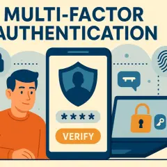 Illustration sur la sécurité numérique : un homme, un smartphone affichant un code et un ordinateur portable avec un cadenas symbolisent l'authentification multi-facteurs.