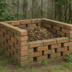 Solidny kompostownik murowany z cegły, wypełniony resztkami organicznymi, stanowi serce ogrodu.