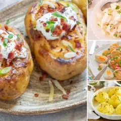 Variedad de recetas con patatas: patatas asadas rellenas, ensalada de patatas y huevos, y duquesas de patata.