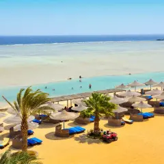 Piękna plaża z palmami i leżakami, idealna na wakacje. Wiele osób pływa w turkusowej wodzie. Blue Reef Resort opinie potwierdzają rajski wypoczynek.