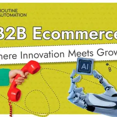 Ręka trzymająca słuchawkę telefoniczną i robot podający chip AI symbolizują innowacje w e-commerce B2B.