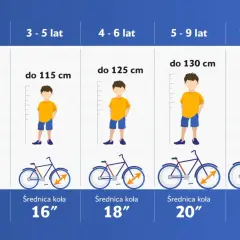 Tabela rozmiarów rowerów: rama 20 cali na jaki wzrost? Odpowiedni dla dzieci od 5 do 9 lat, do 130 cm wzrostu.