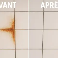Avant/Après : une tache de rouille tenace sur le carrelage a été enlevée, laissant la surface impeccable.