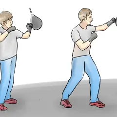 Two figures demonstrate how to hit a speed bag, showing proper stance and punching technique.