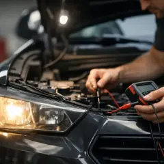 Mekaniker kontrollerar bilens elsystem med multimeter, kanske för att åtgärda dåligt halvljus.