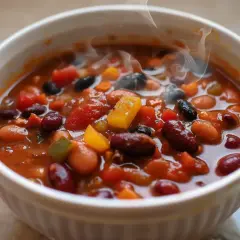 Varm, ångande chili sin carne i en vit skål, fylld med olika bönor, tomater och paprika. En härlig vegetarisk rätt.