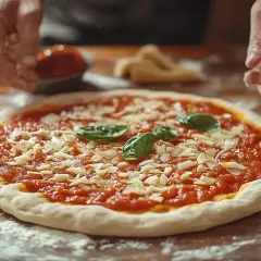 Ręce posypują pizzę serem, pokazując, jak zrobić pizzę krok po kroku. Na stole pomidory, bazylia i mąka.
