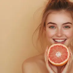 Uśmiechnięta dziewczyna z piegami trzyma połówkę grejpfruta. Jej zdrowa cera sugeruje, że stosuje odpowiednią dietę, być może wspierającą cerę naczynkową.