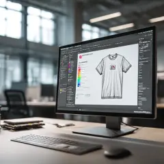 Un designer travaille sur un t-shirt. Il choisit des couleurs et un logo, se demandant "que veut dire bat" pour le design.