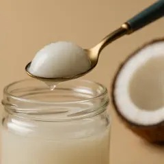 Olio di cocco a cosa serve? Un cucchiaio raccoglie il prezioso olio da un barattolo, accanto a un cocco tagliato a metà.