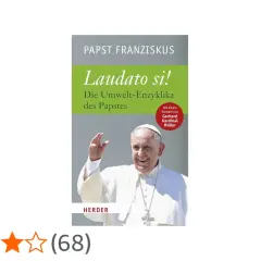 Papst Franziskus' Umwelt-Enzyklika "Laudato si!" als Buch, mit einem lächelnden Papst und Sternenbewertung.