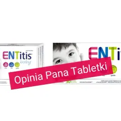Opakowania suplementu diety ENTitis dla dzieci i dorosłych. W tle różowy pasek z napisem "Opinia Pana Tabletki".
