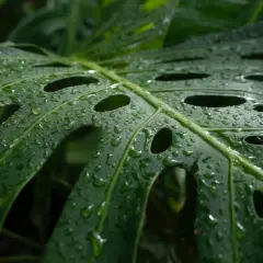 Kiedy monstera płacze, krople deszczu lśnią na jej zielonych, dziurawych liściach, tworząc naturalny, wilgotny obraz.