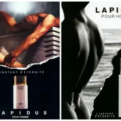 Dwie reklamy perfum Ted Lapidus Pour Homme. Na lewej, para w intymnej pozie, na prawej zbliżenie męskiego torsu.