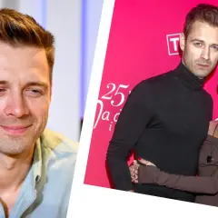 Marcin Korcz z partnerką na ściance. Aktor uśmiecha się do obiektywu.
