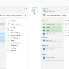 Configurazione di Looker Studio per unire dati da Search Console, selezionando dimensioni e metriche per analisi approfondite.