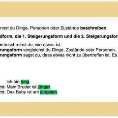 Text über Adjektive mit Beispielen für Grundform, 1. und 2. Steigerungsform.