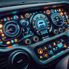 Cyfrowe zegary Dacia Sandero, gotowe do kasowania inspekcji. Wskaźniki świecą neonowym blaskiem, czekając na reset.