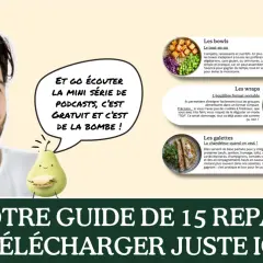 Un homme souriant tient un téléphone rouge. Des illustrations de bols, wraps et galettes suggèrent une alimentation équilibrée. Un guide de repas est à télécharger.