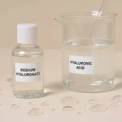 En flaska med sodium hyaluronate bredvid ett mätglas med hyaluronsyra. Vattendroppar ligger utspridda på ytan.