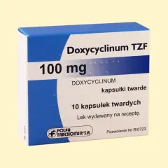 Opakowanie leku Doxycyclinum TZF 100 mg, zawierające 10 kapsułek twardych. Jest to antybiotyk z grupy tetracyklin.