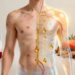 Hautprobleme und Nervenbahnen mit Öltröpfchen, daneben Fisch und Nüsse. Mögliche Omega 3 mangel symptome.