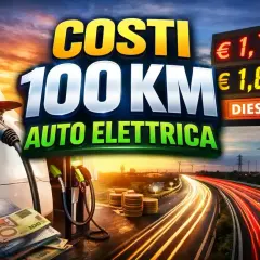 Confronto costi 100 km: auto elettrica vs diesel. Immagine con auto in carica, banconote, colonnine e prezzi carburante.
