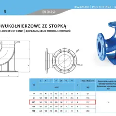Kolano stopowe dn80, dwukołnierzowe, z podstawą, do instalacji rurowych. Wymiary i parametry techniczne.