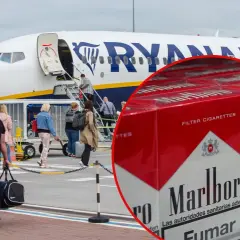 Pasażerowie wsiadają do samolotu Ryanair, a w tle widać paczki papierosów Marlboro. Zastanawiasz się, ile paczek papierosów można przewieźć samolotem?