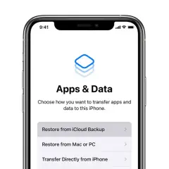 Ekran iPhone'a z opcjami: "Przywróć z backupu iCloud", "Przywróć z Maca lub PC" lub "Przenieś bezpośrednio z iPhone'a". Dowiedz się, jak odtworzyć backup iPhone.