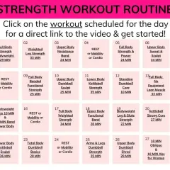 Plan 4-tygodniowych ćwiczeń na siłowni z podziałem na partie ciała i rodzaje treningu, np. Full Body Strength.