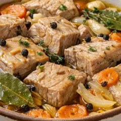 Bonito en escabeche, trozos de pescado tierno con zanahorias, cebolla y granos de pimienta negra en una cazuela.