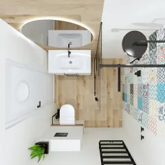 Mała łazienka w bloku 2m2 z kolorowymi płytkami, drewnianą podłogą, białym WC i umywalką.