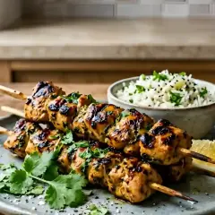 Trois brochettes de poulet grillé, garnies de coriandre fraîche et servies avec du riz et un quartier de citron.
