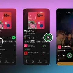Trzy ekrany Spotify pokazują playlistę "Midnight Fade". Można dodać utwory, miksować, edytować i sortować. Idealne polskie piosenki na nocne słuchanie.