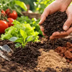 Mani che aggiungono terriccio a un orto. Ideale per capire cosa piantare su terreno argilloso.