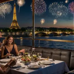 Dîner sur la Seine avec feu d'artifice pour le 31 décembre. Un restaurant ouvert pour célébrer le Nouvel An à Paris.