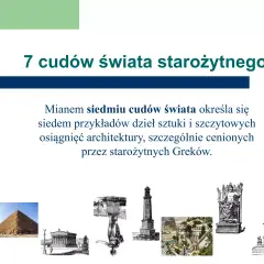Ilustracja przedstawia piramidę, świątynię, posąg Zeusa i inne budowle, które są częścią 7 cudów świata starożytnego.