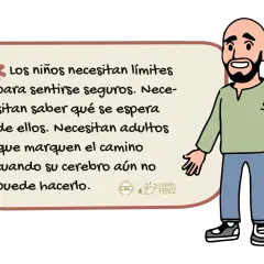 Un hombre calvo con barba sonríe mientras un texto explica que los niños necesitan límites para sentirse seguros y que los adultos marquen el camino.