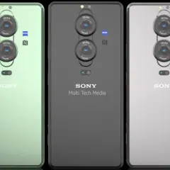 Trzy telefony Sony Xperia Pro-I Mark II w kolorach zielonym, czarnym i srebrnym, z charakterystycznym modułem aparatów.