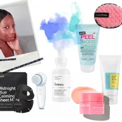 Une sélection de produits pour une routine skincare visage : sérums, masques, nettoyant, exfoliant et huile.