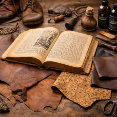 Livre ancien ouvert sur des peaux de cuir, outils et flacons. L'image évoque le tannage, un art ancestral de transformation du cuir.