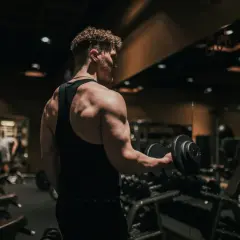 Mężczyzna ćwiczy biceps z hantlem w siłowni. To dowód, jak crossfit zmienił moje życie, budując siłę i pewność siebie.
