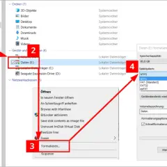 Festplatte formatieren Mac und Windows: Rechtsklick auf Laufwerk E:, dann "Formatieren..." wählen, um das Dateisystem (z.B. NTFS) auszuwählen.