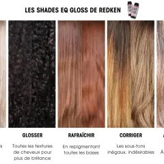 Cinq échantillons de différentes couleurs de cheveux, du blond clair au brun foncé, illustrant les différentes couleurs de cheveux obtenues avec Redken Shades EQ Gloss.
