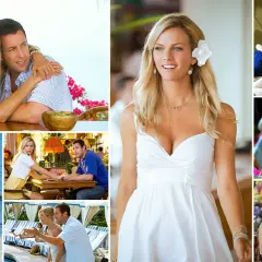 Obsada "Żona na niby" w komediowych scenach. Jennifer Aniston i Adam Sandler w różnych ujęciach, w tym na plaży i przy stole.