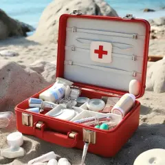 Otwarta czerwona apteczka na plaży, pełna leków i akcesoriów medycznych.
